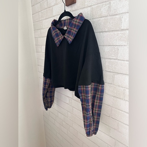 Plaid Collar Preppy Punk Grunge oversized Womens long sleeve crop Top M #1905 - Picture 4 of 8